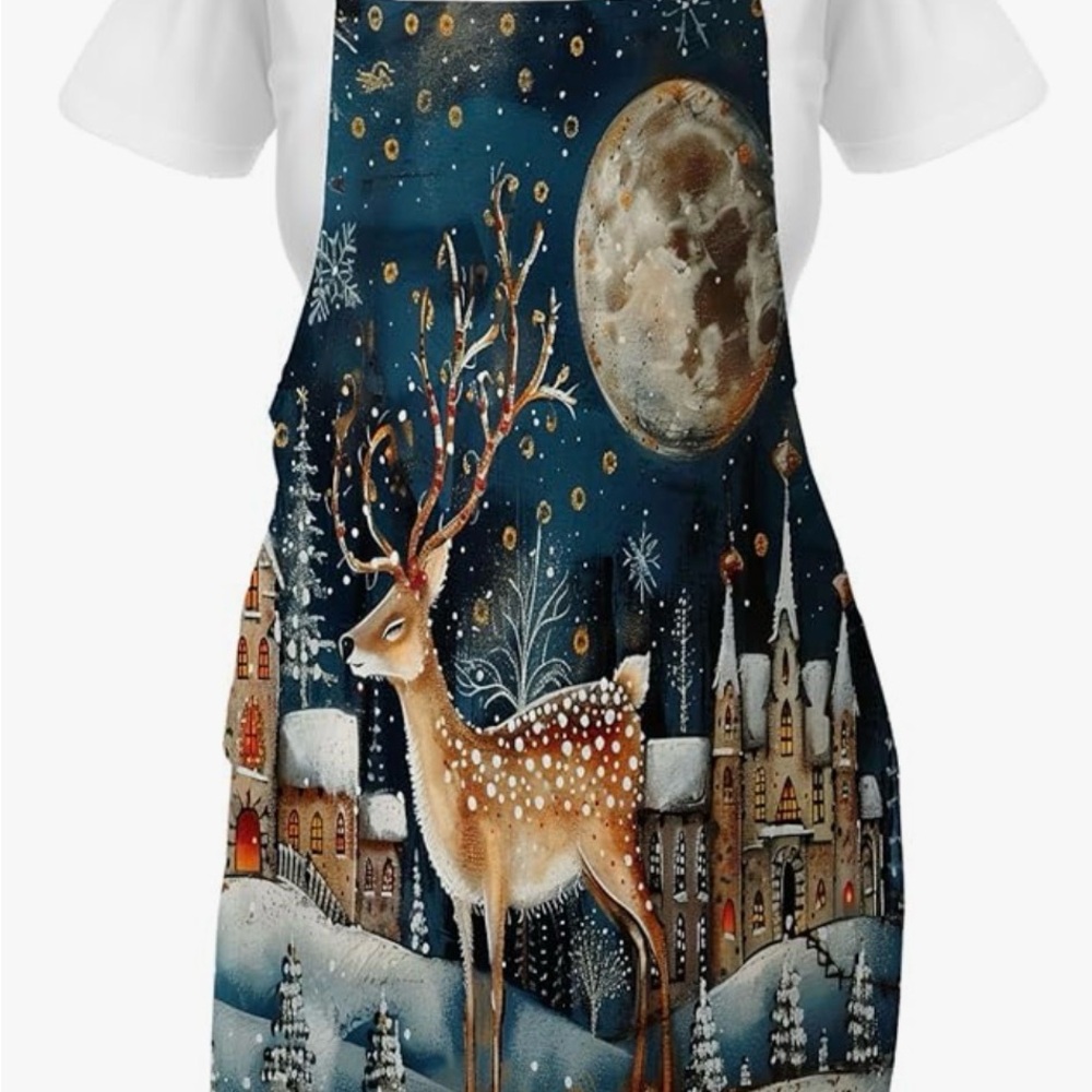 Premium Kitchen Apron w/Snowy Christmas Scene w/ Reindeer; New in Package
